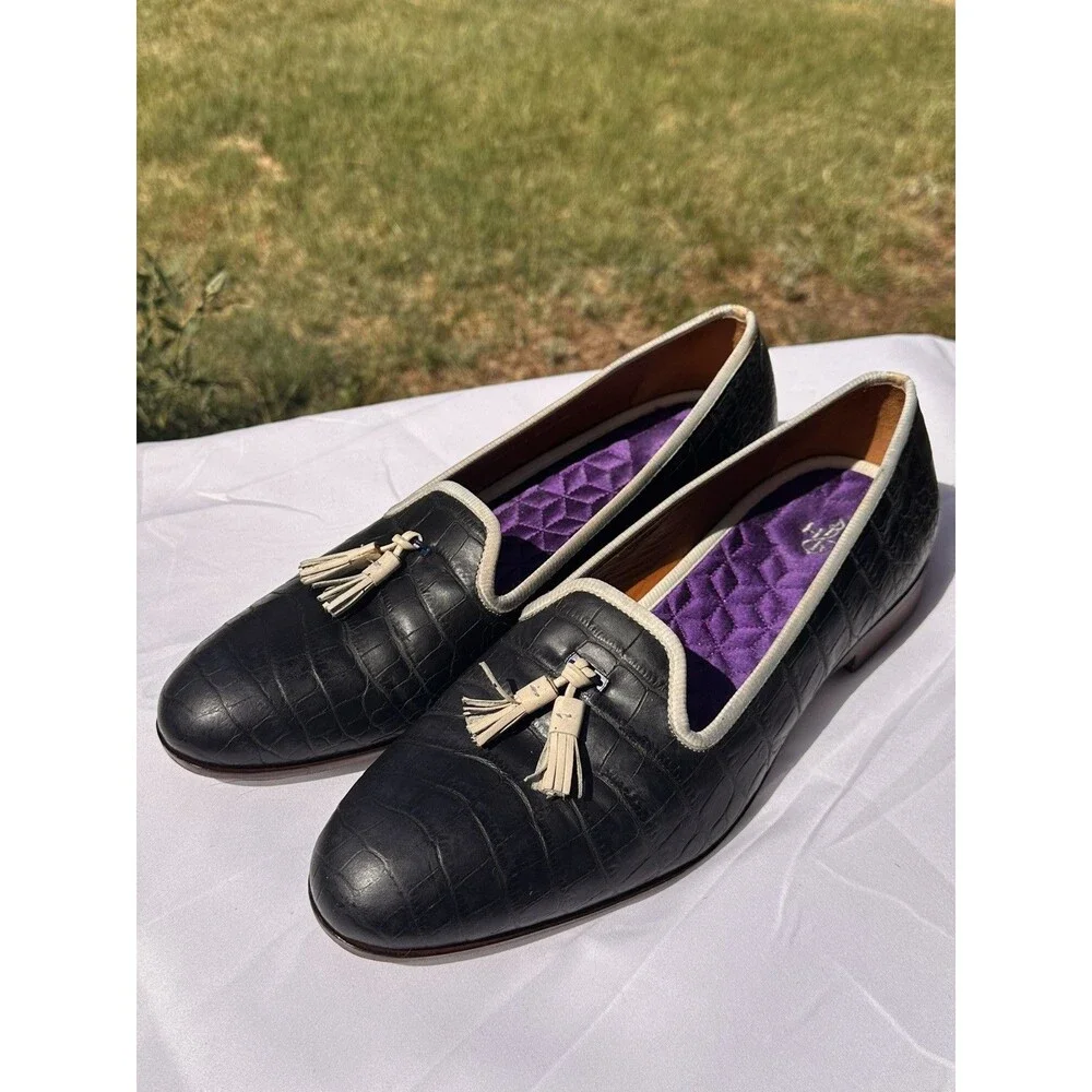 Men’s Evening Slippers Smoking Loafers 10 M Cole Haan Embossed Croc Tassel Navy